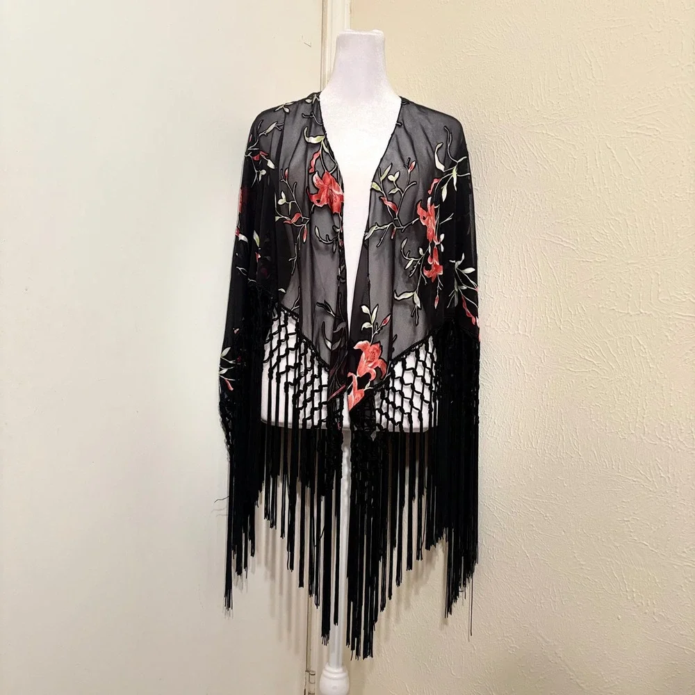 NWT Vtg Black Sheer Chiffon Burnout Fringe Wrap Shawl Blouse Set Whimsigoth Boho